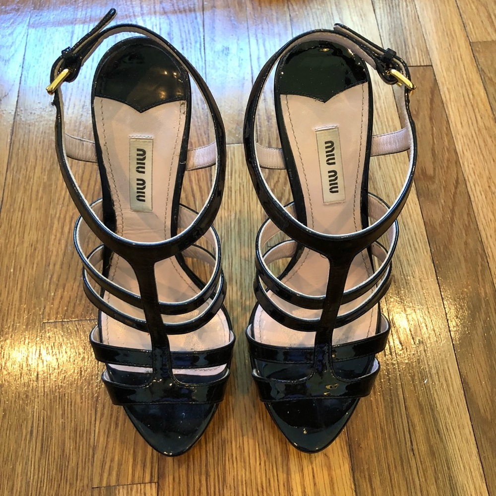 Miu Miu Black Patent Leather Caged Platform Sandal